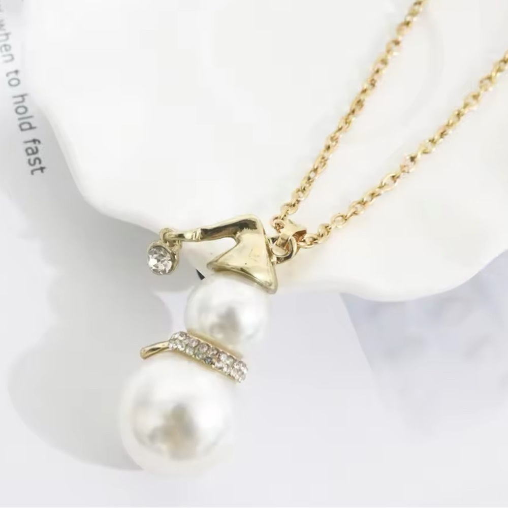 18K Gold & Pearl Snowman With Diamond Accent Pendantt Sweater Necklace - Picture 9 of 11